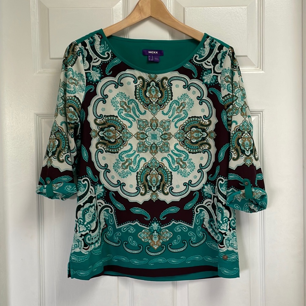 ★ Mexx | Green Patterned Shirt with Roll-Tab 3/4 Sleeves, US 6 ★